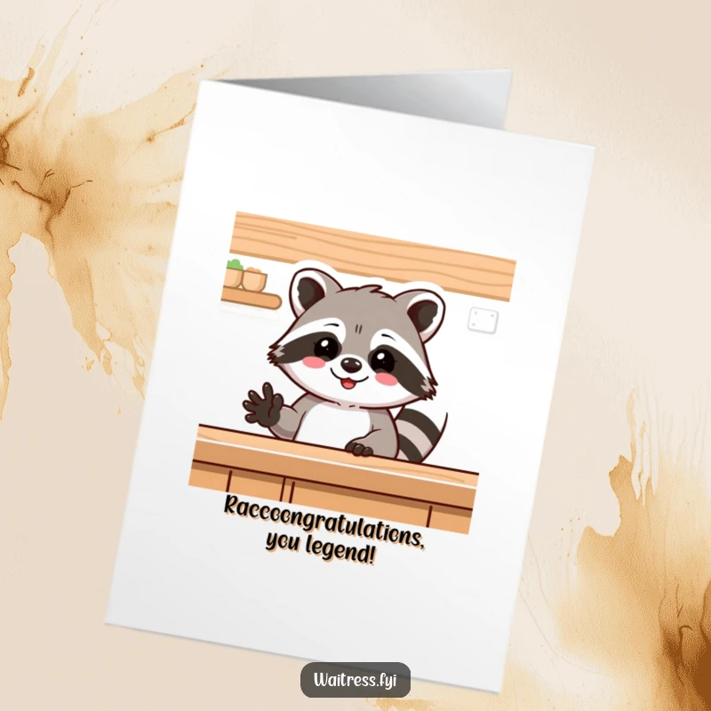 Funny Free Printable Congratulations Card: Delighted raccoon waving from behind a counter, celebrating a downloadable achievement.