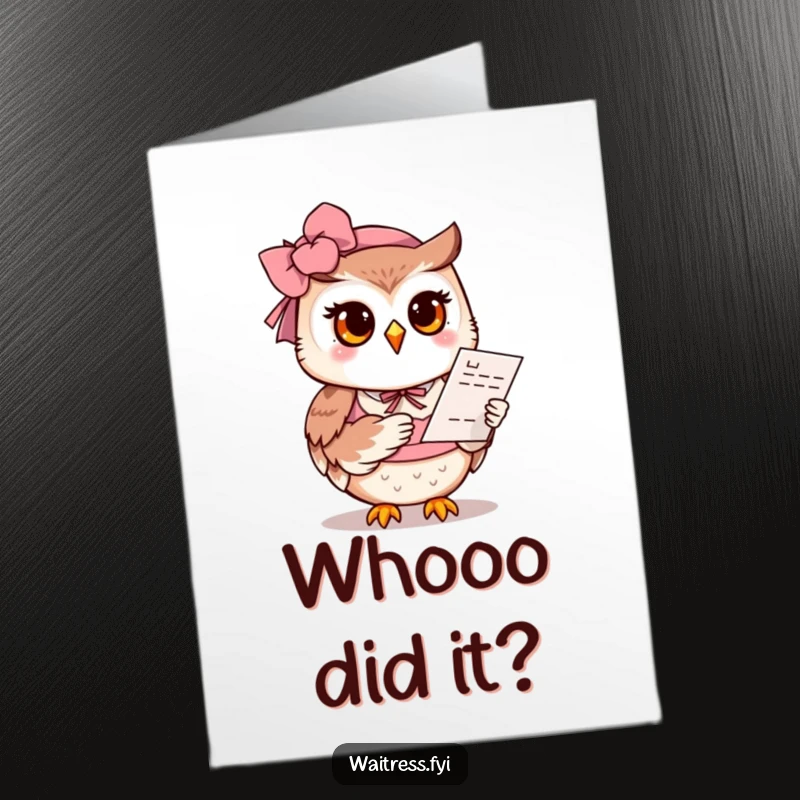 Funny Free Printable Congratulations Card: Polite owl waitress presenting a menu with a kind, encouraging gaze.