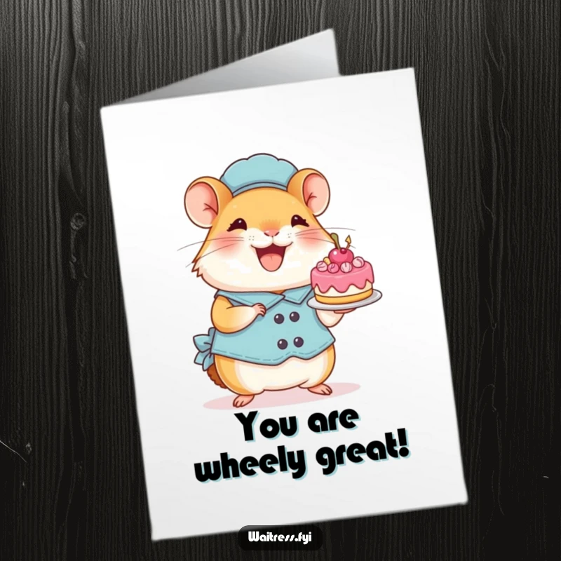 Funny Free Printable Congratulations Card: Perky hamster waitress gleefully offers a small, delightful cake.