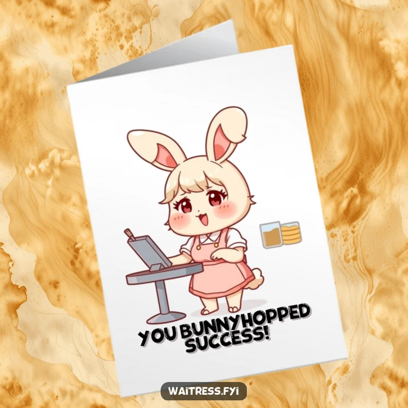 Funny Free Printable Congratulations Card: Chubby bunny waitress with large ears, gleefully taking your order to celebrate your success.