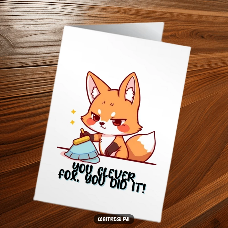 Funny Free Printable Congratulations Card: A playful fox wipes a table with a determined expression, symbolizing a clean sweep of success.