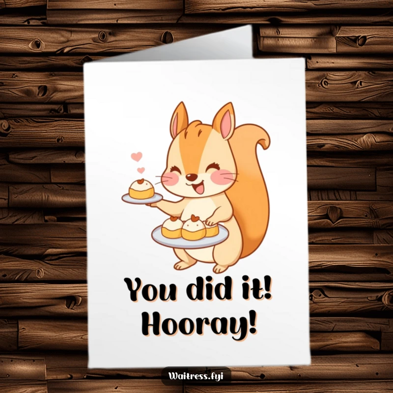 Funny Free Printable Congratulations card showcasing a kawaii squirrel presenting a plate of tiny pastries, symbolizing sweet success and cheerful congratulations.