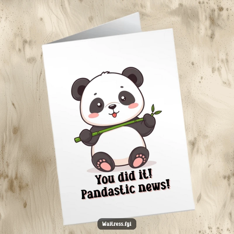 Free Printable Panda Congratulations Card: A cute panda holding a tiny bamboo shoot with pride, celebrating a wonderful achievement.