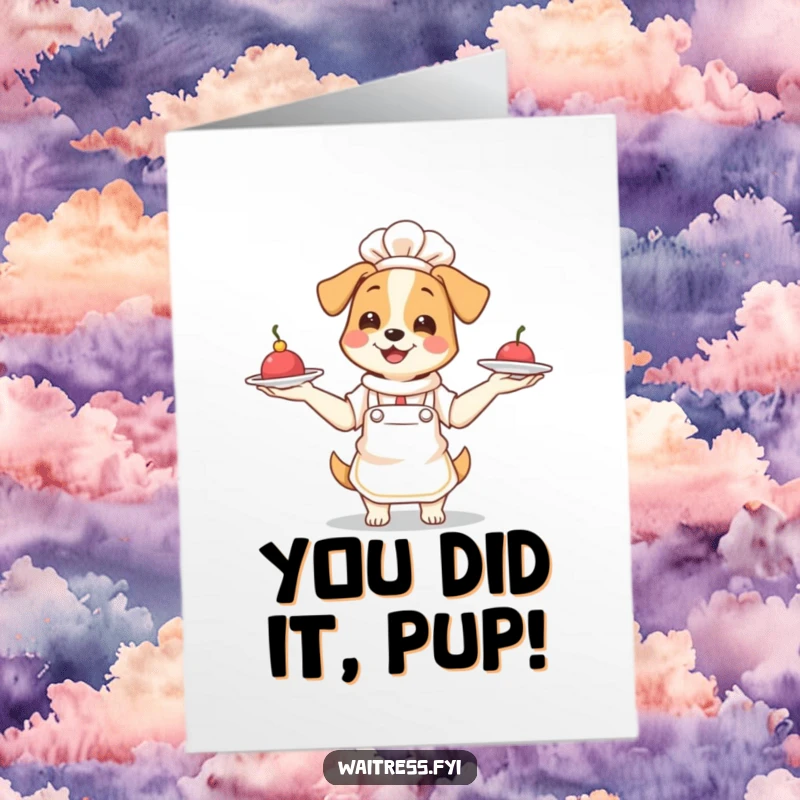 Funny Free Printable Congratulations Card: Glee-filled dog waitress in apron, celebrating success with juggling plates.