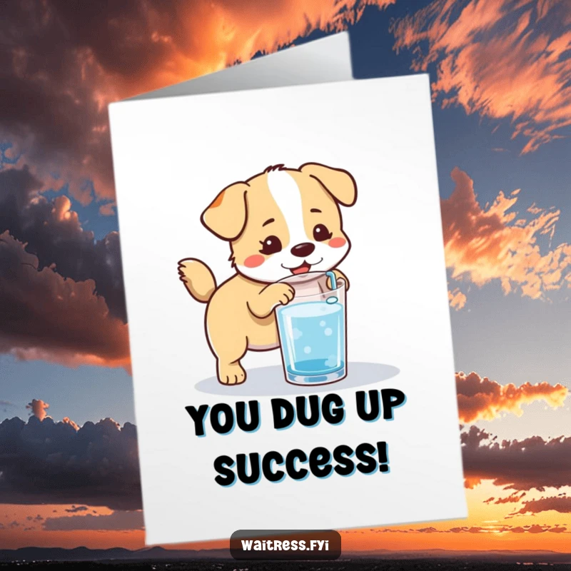 Funny Free Printable Congratulations Card: A joyful kawaii dog refills a glass, celebrating your achievement.