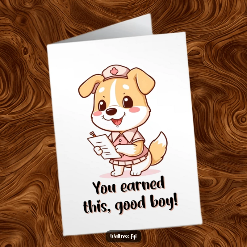 Funny Free Printable Congrats Card: A smiling dog in a waitress uniform happily takes orders.