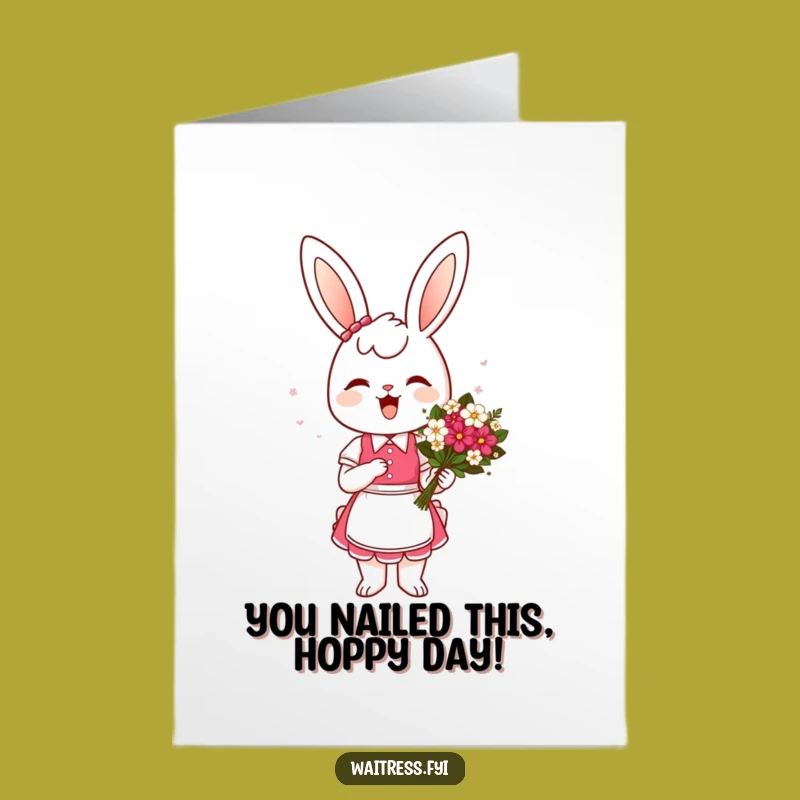Free Printable Bunny Waitress Congrats Card: Funny Downloadable Floral Art