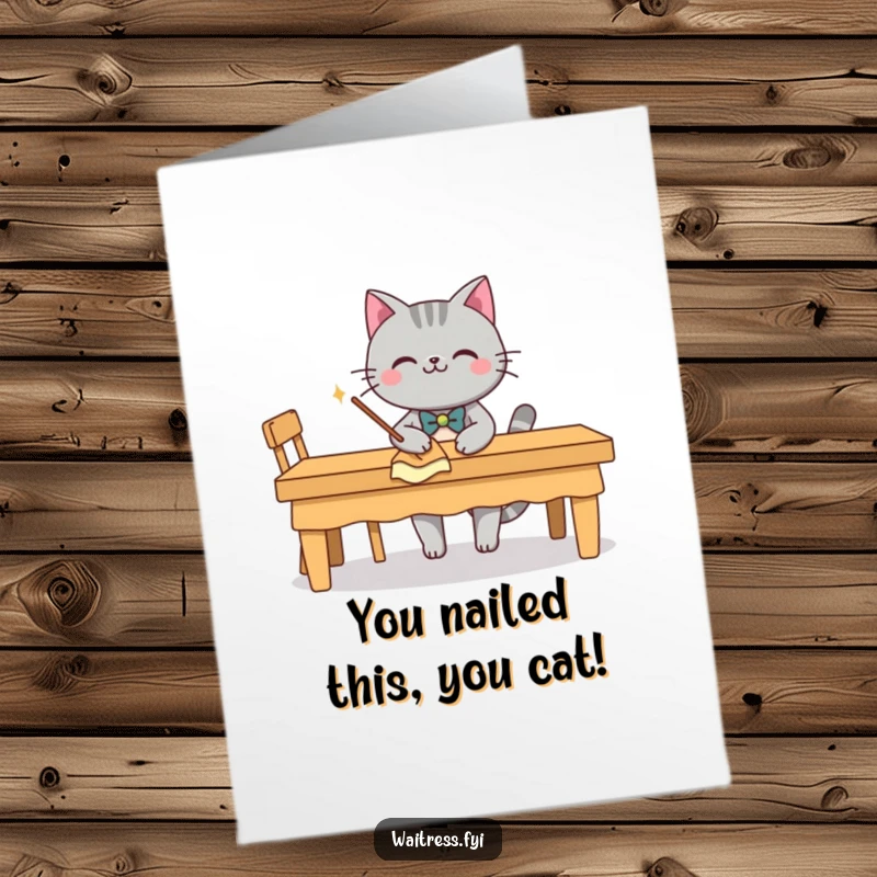 Funny free printable grey cat in a bow tie wiping a table, ideal for congratulations.