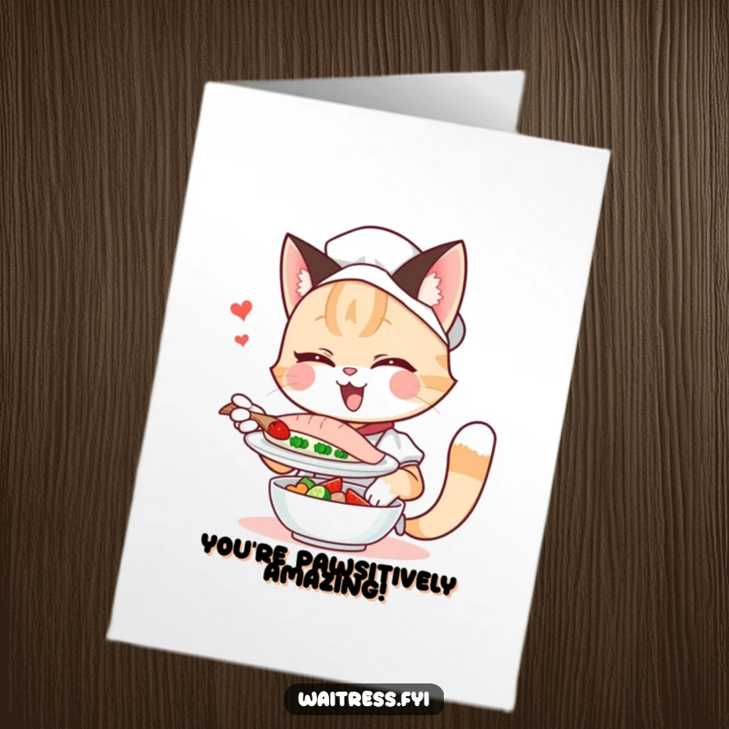 Funny Free Printable Congratulations Card showing a winking cat waitress presenting a fish dish with a celebratory smile.