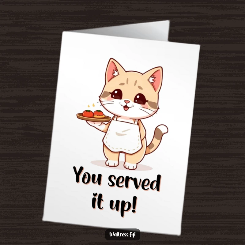 Funny Free Printable Congratulations Card: Kawaii cat waiter holding food tray, symbolizing a delivered celebration.