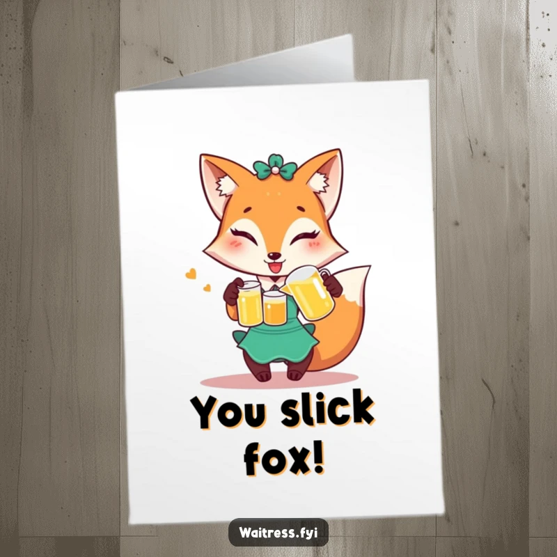 Funny Free Printable Congratulations Card: A playful fox waitress winks, pouring juice to toast a clever success.