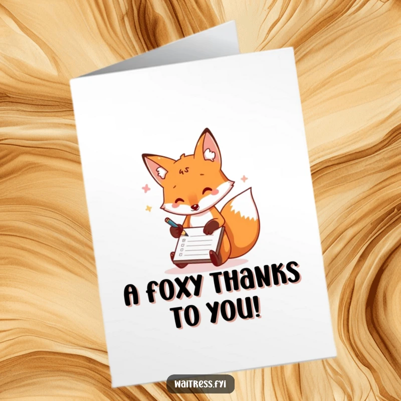 Funny Free Printable Thank You Card: A playful fox quickly scribbles orders on a notepad, expressing thanks.