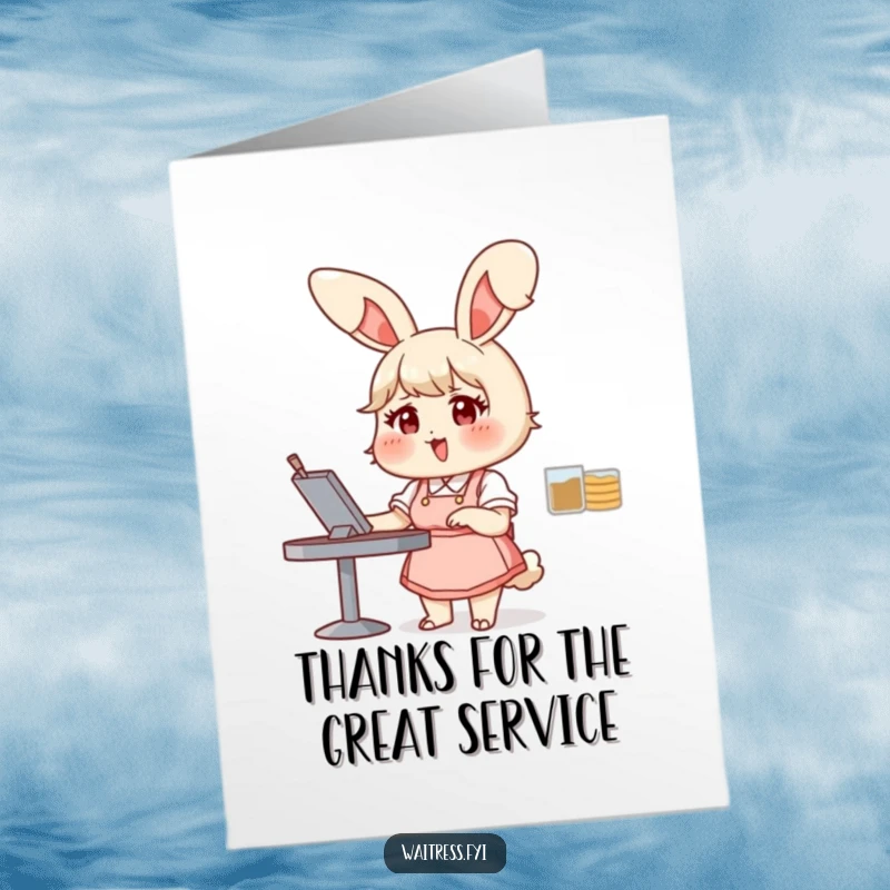 Cute Free Printable Thank You Card: Chubby bunny waitress with big ears, taking an order with a smile, saying thanks.