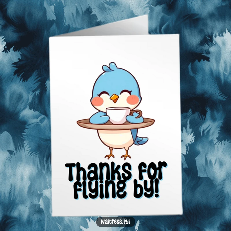 Funny free printable blue bird character winks with a coffee cup, great for thank you cards.