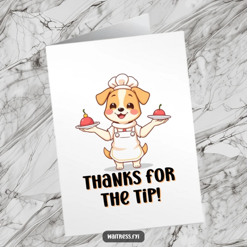 Funny Free Printable Thank You Card: A dog waitress in an apron skillfully juggling plates, expressing thanks.