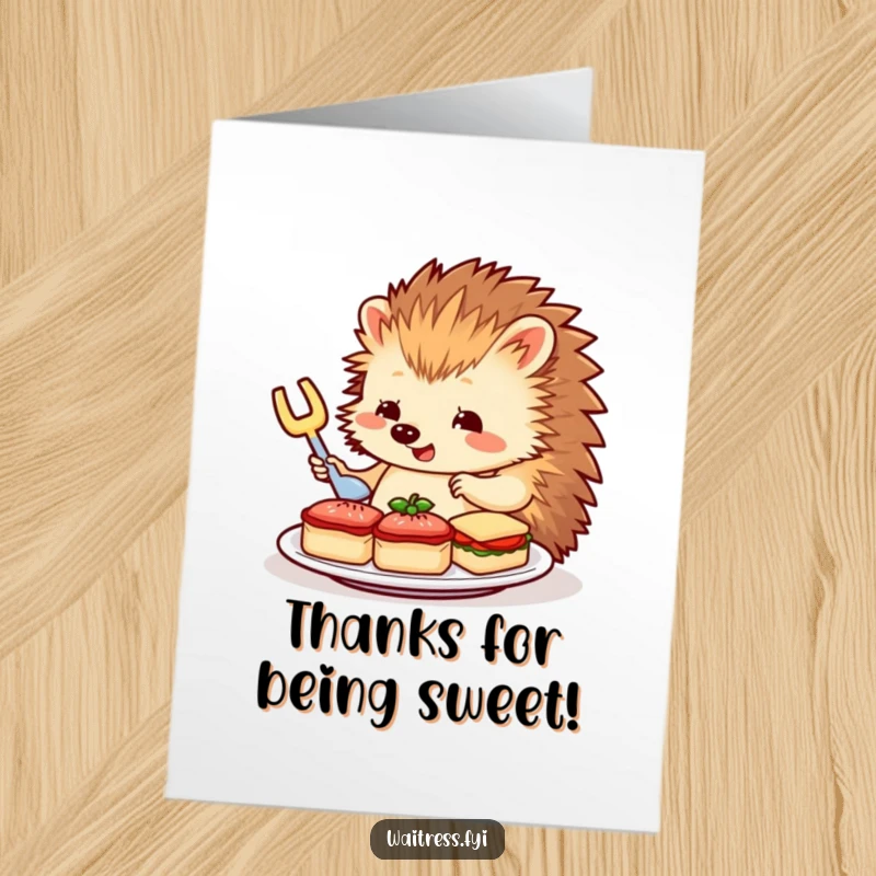Funny Free Printable Thank You Card: Charming hedgehog server arranging miniature sandwiches with a thankful expression.
