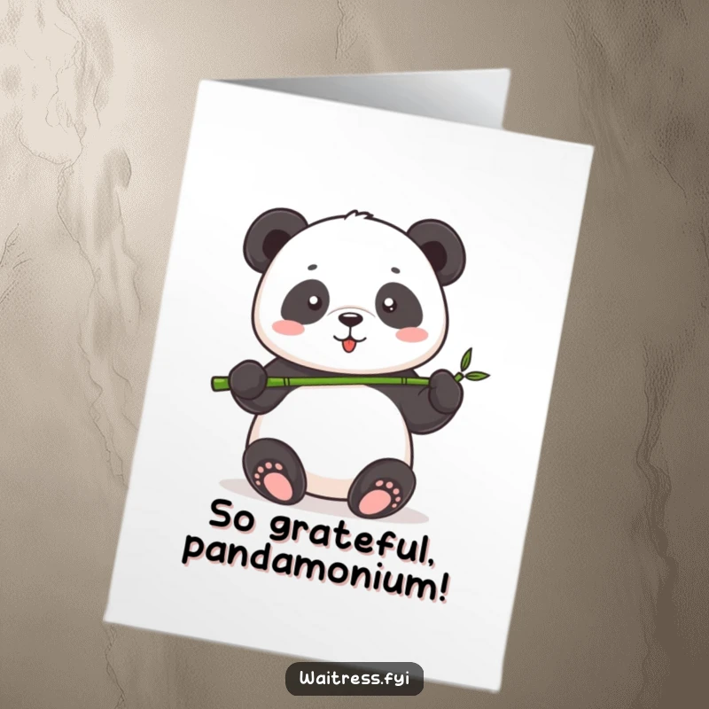 Free Printable Panda Thank You Card: A cute panda happily serving a tiny bamboo shoot, a symbol of thanks and appreciation.