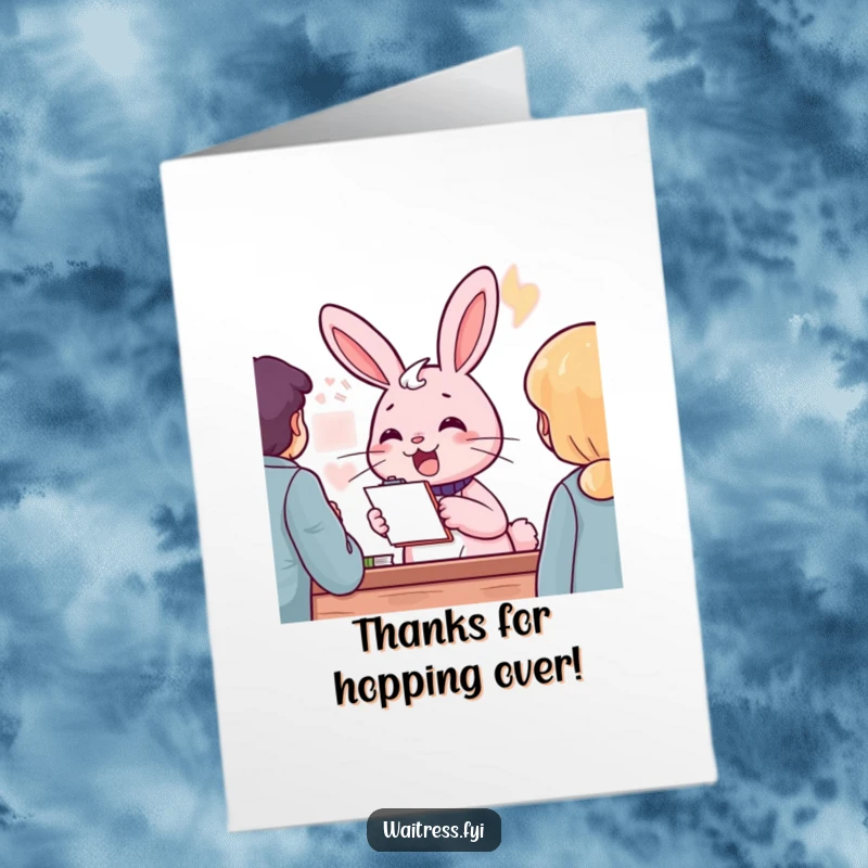 Funny free printable pink rabbit cheerfully taking an order on a notepad, great for thank you.