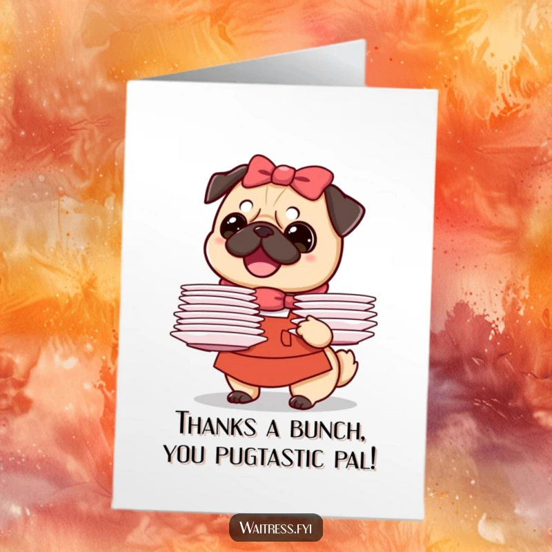 Funny Free Printable Pug Waitress Thank You Card: A cheerful pug waitress balancing plates, conveying sincere thanks with a wagging tail.
