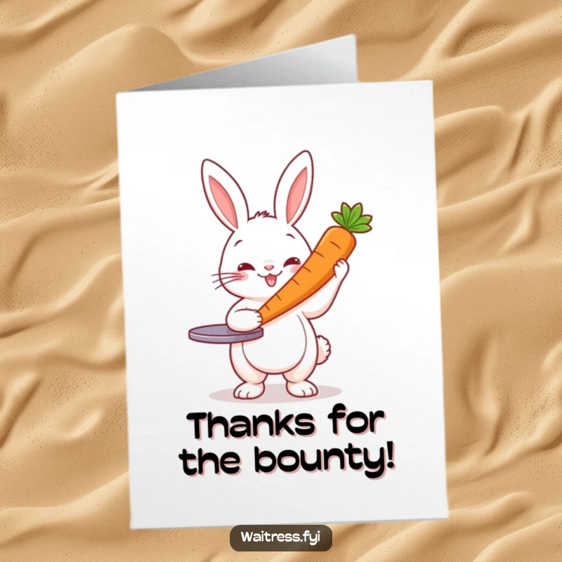 Funny Free Printable Thank You Card: A cheerful rabbit server proudly presents a perfect carrot as a token of thanks.
