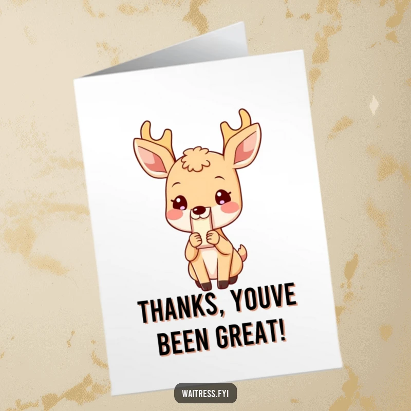 Funny Free Printable Thank You Card: Blushing deer politely presenting a bill, a shy thank you, downloadable gift.