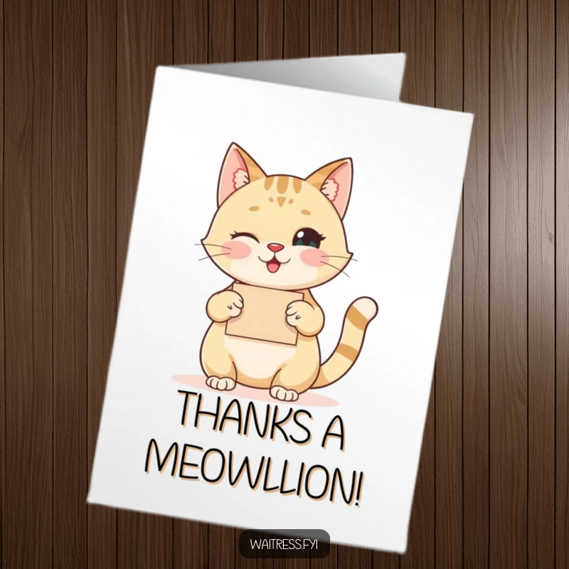 Funny Free Printable Thank You Card: A happy cat nods politely, accepting an order with a twinkling eye.