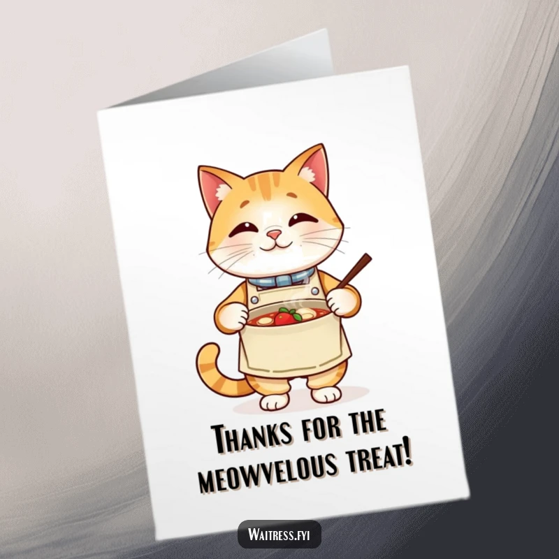 Funny Free Printable Thank You Card: Proud cat wearing an apron presenting a steaming bowl, offering downloadable thanks.