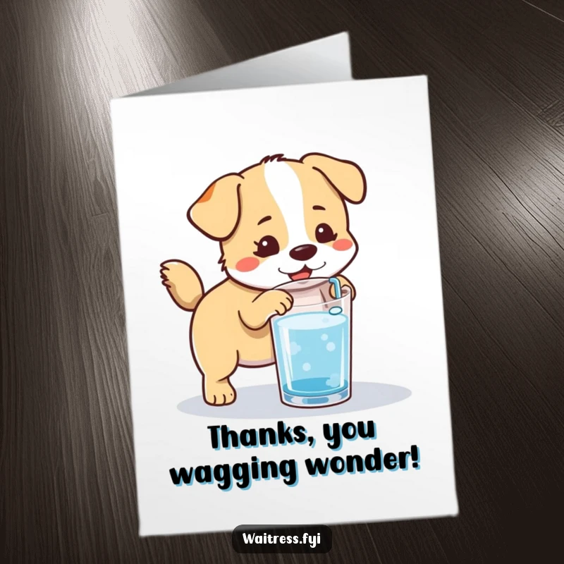 Funny Free Printable Thank You Card: A happy kawaii dog eagerly refills a glass to show thanks.