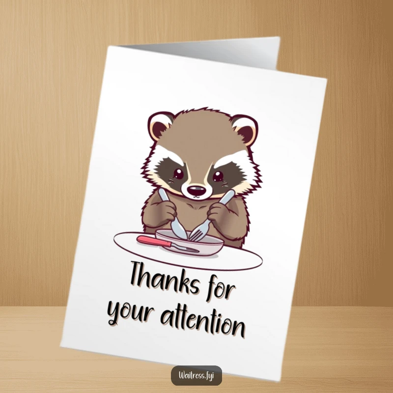 Funny Free Printable Thank You card featuring a kawaii badger meticulously arranging cutlery, offering a precise and heartfelt expression of gratitude.