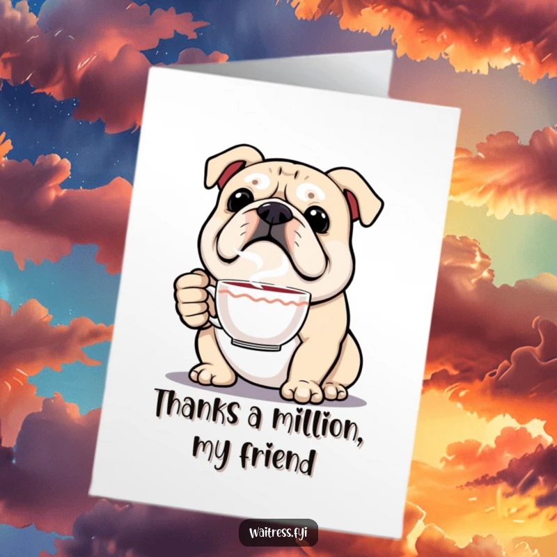 Funny Free Printable Thank You Card: A proud bulldog presents a steaming cup as a thank you.