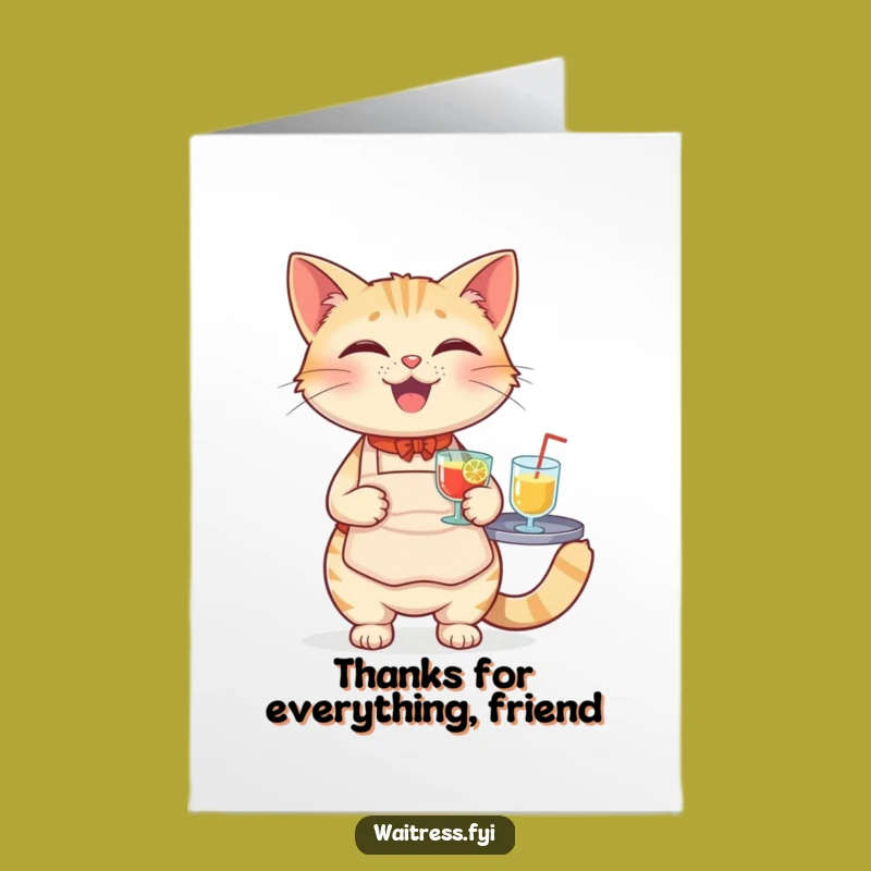 Free Printable Thank You Card: Grateful Cat Waiter Serving Drinks DIY Gift