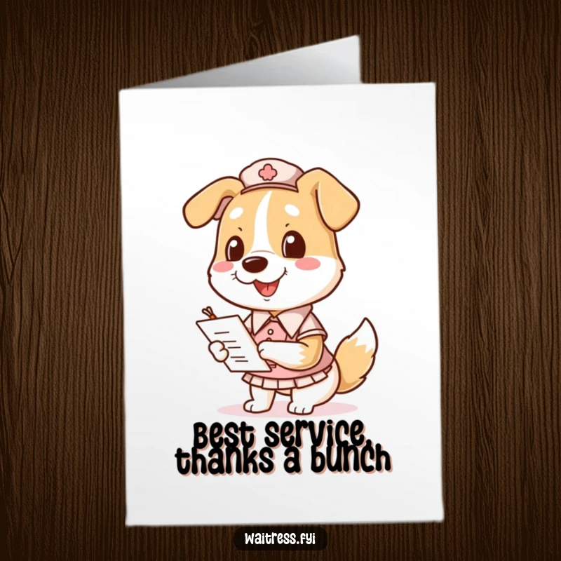 Funny Free Printable Thank You Card: A happy dog in a uniform notes down an order.