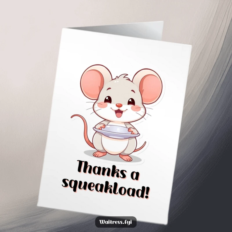 Funny Free Printable Thank You Card: Smiling Kawaii mouse presenting a plate with a flourish, offering thanks gracefully.