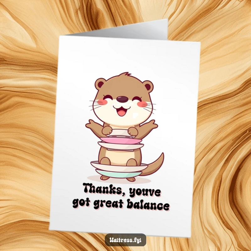 Funny Free Printable Thank You Card: A cheerful otter holds a stack of imaginary plates steady, symbolizing gratitude.
