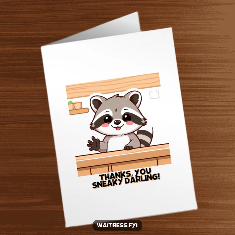 Funny Free Printable Thank You Card: Delighted raccoon waving from behind a counter, offering downloadable thanks.