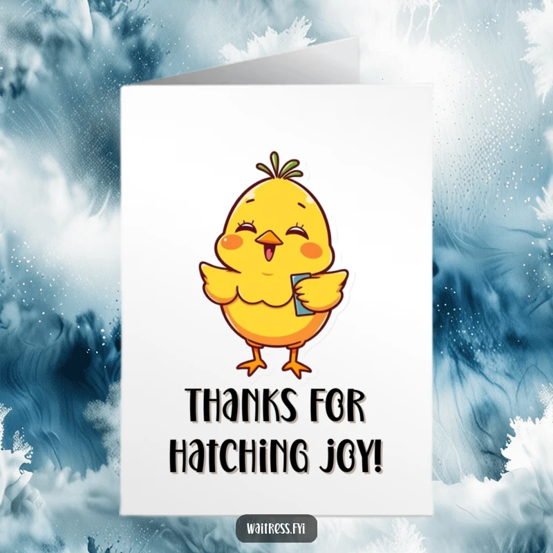 Funny Free Printable Chick Thank You Card: Giggling yellow chick with order pad, bouncing with thanks for a kind deed.
