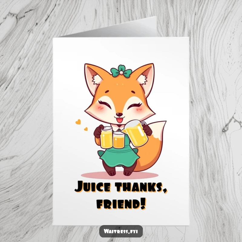Funny Free Printable Thank You Card: A playful fox waitress winks while pouring juice, a sly way to say thanks.