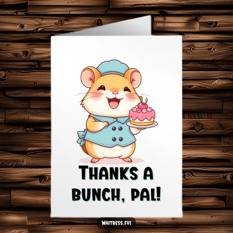 Funny Free Printable Thank You Card: Perky hamster waitress happily presenting a tiny, decorated cake as thanks.