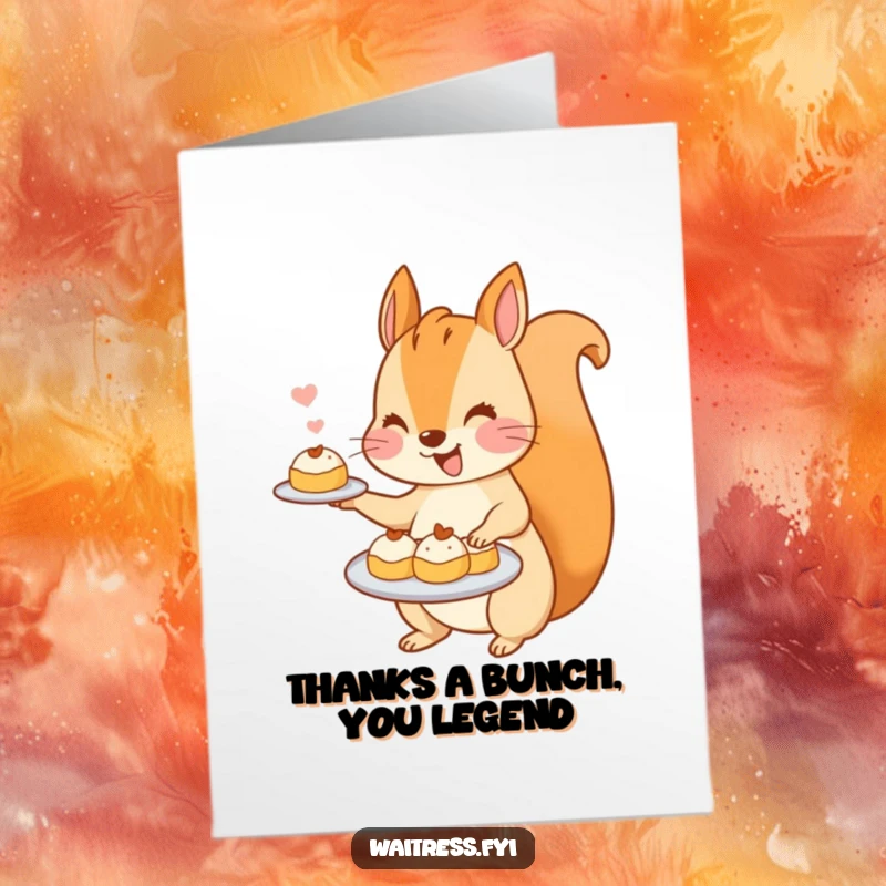 Funny Free Printable Thank You card featuring a busy kawaii squirrel serving a delightful plate of tiny pastries, expressing cheerful gratitude.