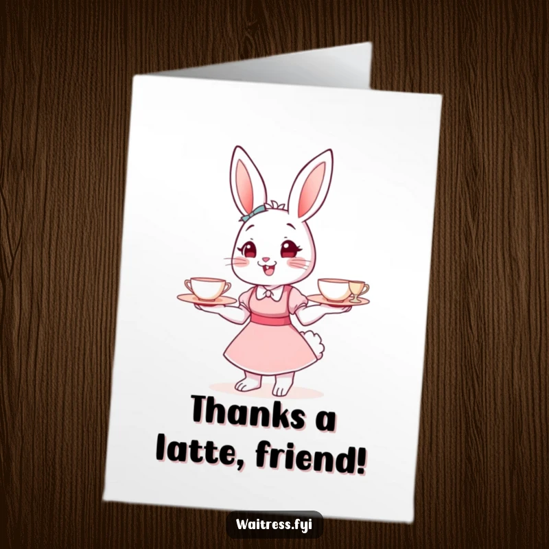 Funny Free Printable Thank You Card: Bunny waitress balancing a tray of teacups, expressing thanks with a warm, gentle demeanor.