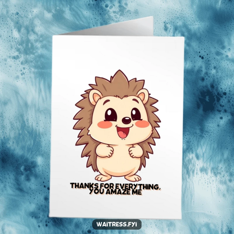 Funny Free Printable Thank You Card: A happy hedgehog holds a large menu, expressing gratitude for your kindness.