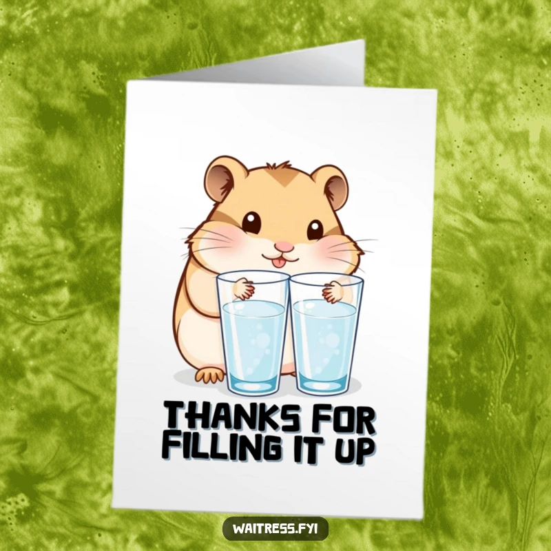 Funny Free Printable Thank You Card: Content Kawaii hamster carefully refills water glasses, offering thanks.