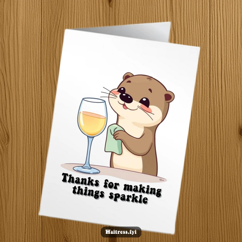 Funny Free Printable Thank You Card: A happy otter meticulously polishing a wine glass, a symbol of sparkling appreciation.