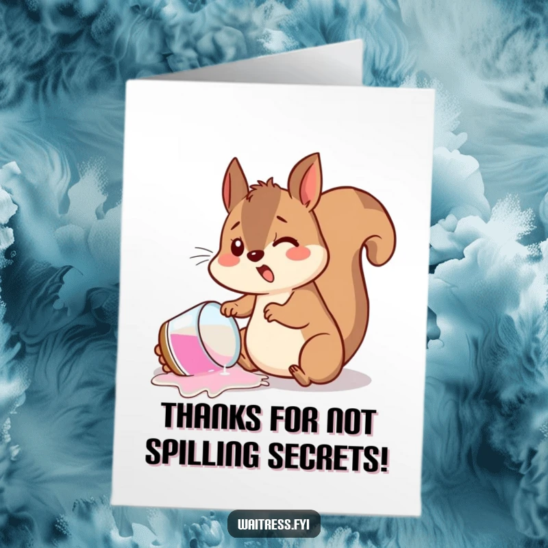 Funny Free Printable Thank You Card: A squirrel looking surprised with a spilled drink, offering a humorous take on thankfulness.