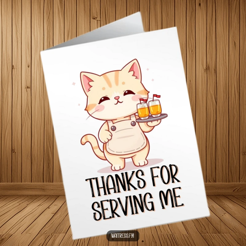 Cute Free Printable Thank You Card: Kawaii cat in tiny apron, balancing a tray of drinks, serving up thanks.
