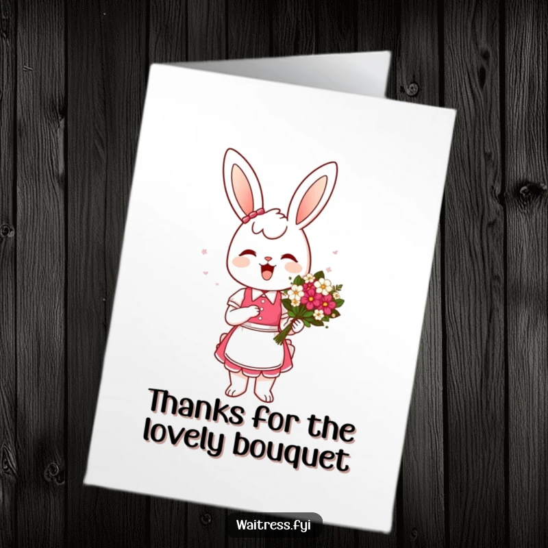 Funny Free Printable Thank You Card: Cheerful bunny waitress presents a flower bouquet with a curtsey, offering thanks.