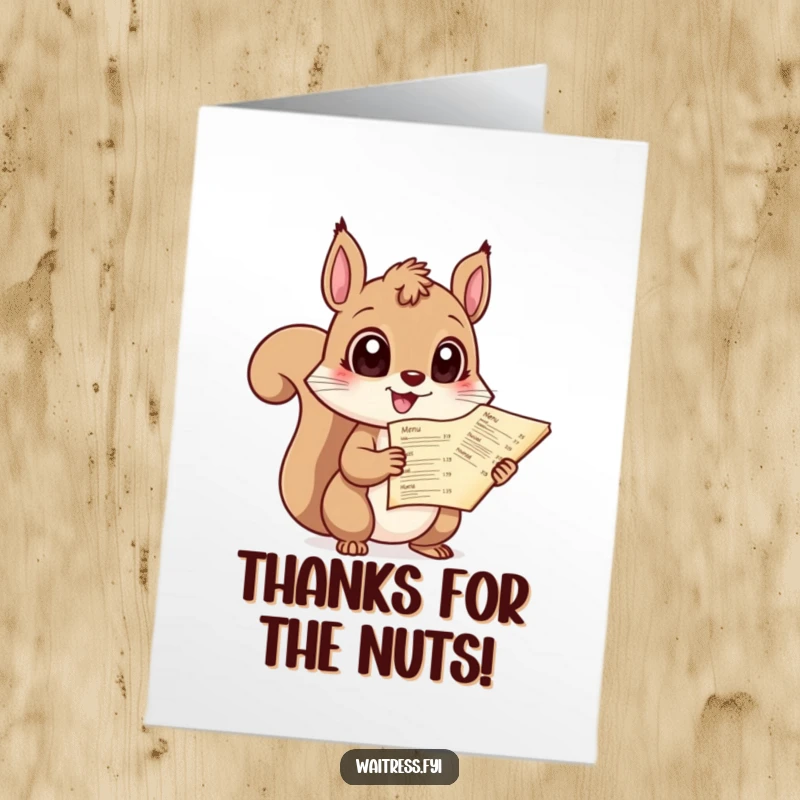 Funny Free Printable Thank You Card features a giggling squirrel with enormous eyes holding a menu, offering a delightful thank you.