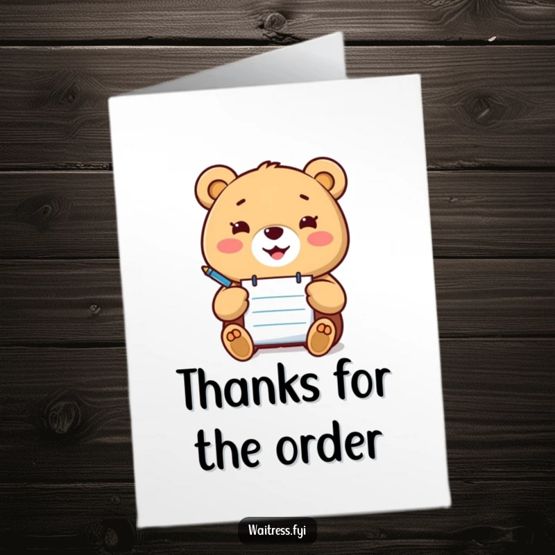 Funny Free Printable Thank You Card: Smiling Kawaii bear with notepad and pen, recording acts of kindness.