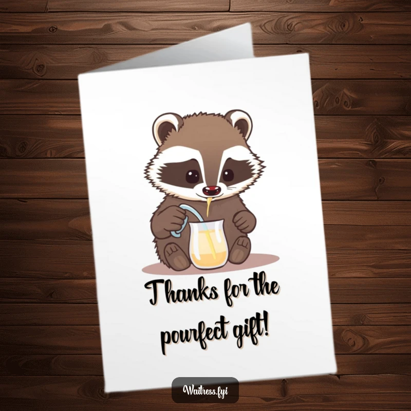 Funny Free Printable Thank You Card: Badger carefully pouring a drink from a tiny pitcher, expressing downloadable thanks.