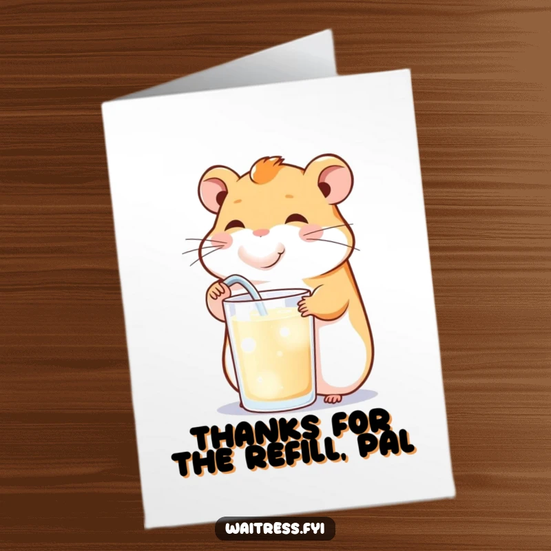 Free Printable Thank You Card: A happy hamster cheerfully refills a drink, offering refreshment as a thank you gesture.